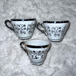 Vintage Royal Crown Tea Cup Set of 3 Gold & Silver Trim Flower Detail